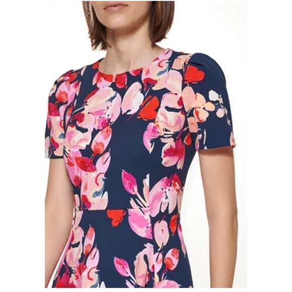 Women's Short Sleeve Floral Printed Scuba Crepe Fit and Flare Dress - Picture 7 of 9